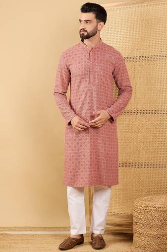 Men rust viscose rayon solid embroidered straight kurta with trouser