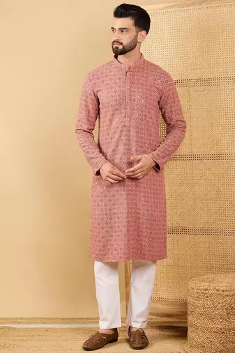 Men rust viscose rayon solid embroidered straight kurta with trouser