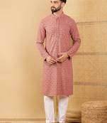 Men rust viscose rayon solid embroidered straight kurta with trouser