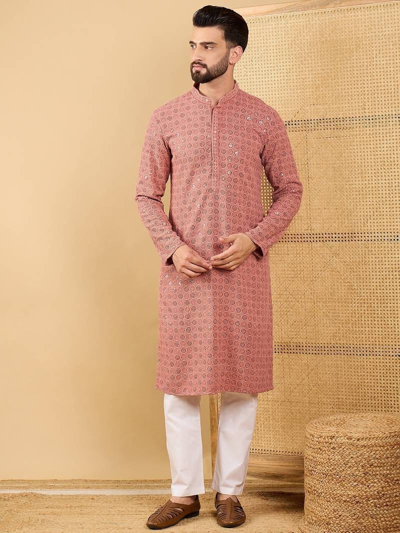 Men rust viscose rayon solid embroidered straight kurta with trouser