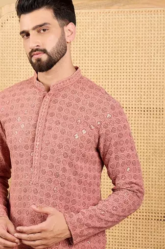 Men rust viscose rayon solid embroidered straight kurta with trouser