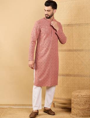 Men rust viscose rayon solid embroidered straight kurta with trouser 3