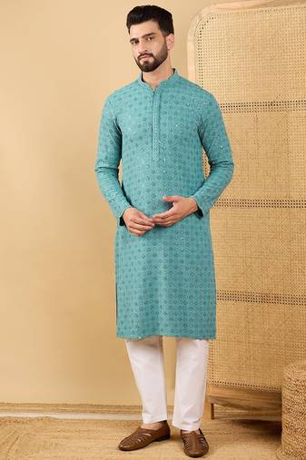 Men blue viscose rayon solid embroidered straight kurta with trouser