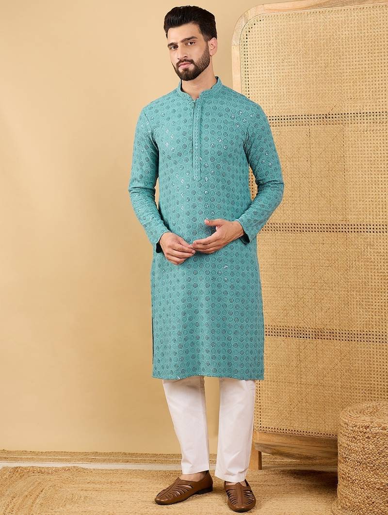 Men blue viscose rayon solid embroidered straight kurta with trouser