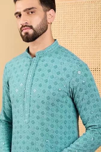 Men blue viscose rayon solid embroidered straight kurta with trouser