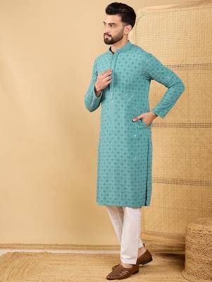 Men blue viscose rayon solid embroidered straight kurta with trouser 3