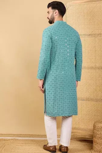 Men blue viscose rayon solid embroidered straight kurta with trouser