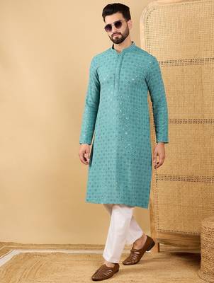 Men blue viscose rayon solid embroidered straight kurta with trouser 5