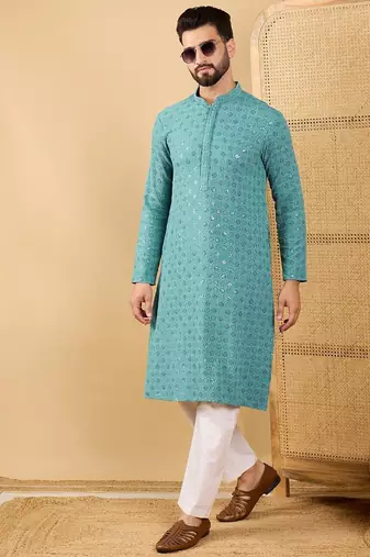 Men blue viscose rayon solid embroidered straight kurta with trouser