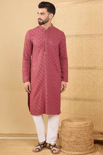 Men red viscose rayon solid embroidered straight kurta with trouser
