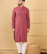 Men red viscose rayon solid embroidered straight kurta with trouser