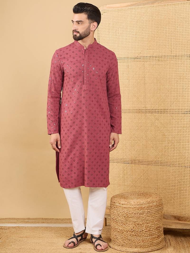Men red viscose rayon solid embroidered straight kurta with trouser