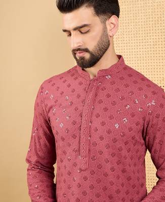 Men red viscose rayon solid embroidered straight kurta with trouser 2