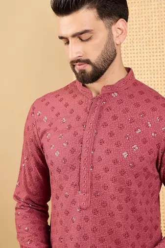 Men red viscose rayon solid embroidered straight kurta with trouser