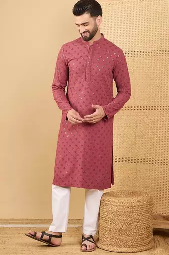 Men red viscose rayon solid embroidered straight kurta with trouser