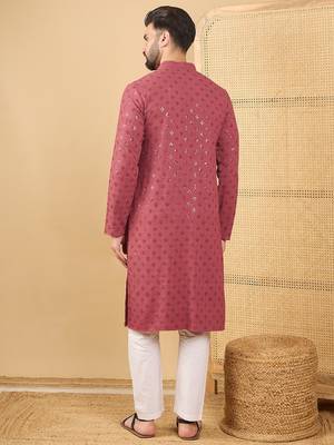 Men red viscose rayon solid embroidered straight kurta with trouser 4