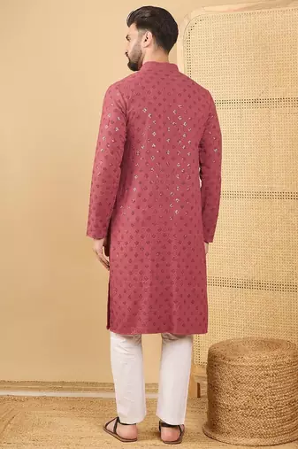Men red viscose rayon solid embroidered straight kurta with trouser