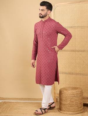 Men red viscose rayon solid embroidered straight kurta with trouser 5
