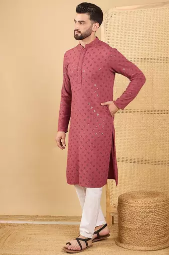 Men red viscose rayon solid embroidered straight kurta with trouser