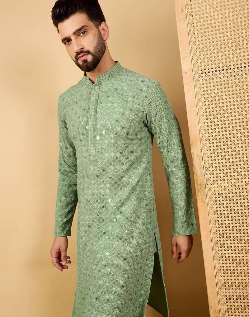 Men green viscose rayon solid embroidered straight kurta with trousers