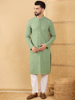 Men green viscose rayon solid embroidered straight kurta with trousers 2