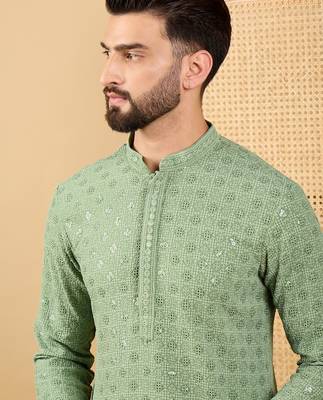 Men green viscose rayon solid embroidered straight kurta with trousers 3