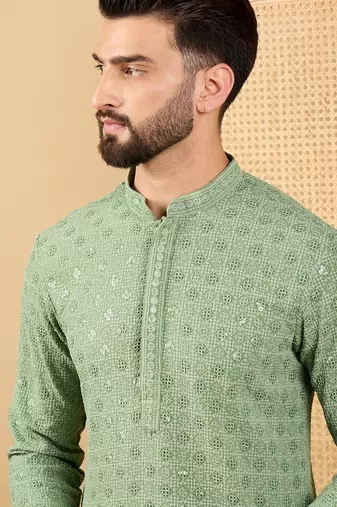 Men green viscose rayon solid embroidered straight kurta with trousers