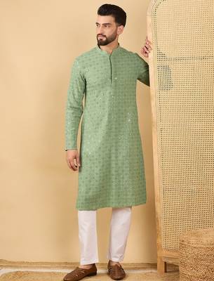Men green viscose rayon solid embroidered straight kurta with trousers 4