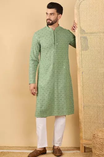 Men green viscose rayon solid embroidered straight kurta with trousers