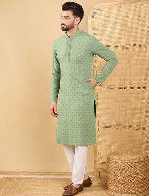 Men green viscose rayon solid embroidered straight kurta with trousers 5