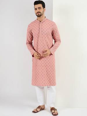 Men pink viscose rayon embroidered straight kurta with pant set 1