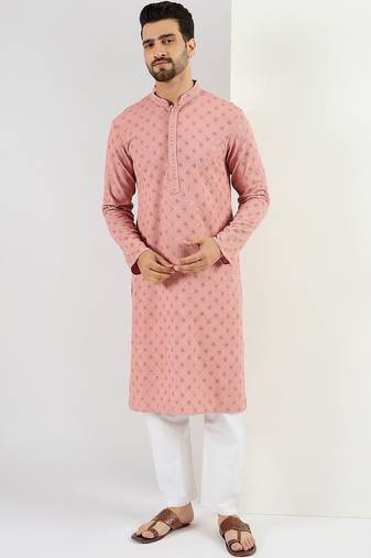 Men pink viscose rayon embroidered straight kurta with pant set