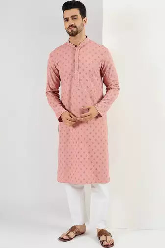 Men pink viscose rayon embroidered straight kurta with pant set