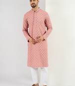 Men pink viscose rayon embroidered straight kurta with pant set
