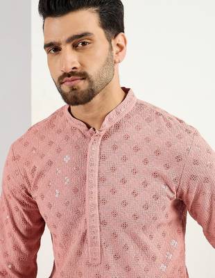 Men pink viscose rayon embroidered straight kurta with pant set 2