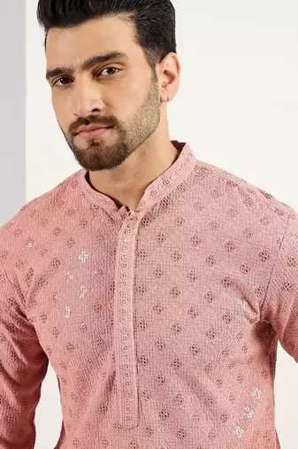 Men pink viscose rayon embroidered straight kurta with pant set