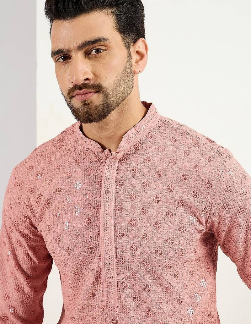 Men pink viscose rayon embroidered straight kurta with pant set