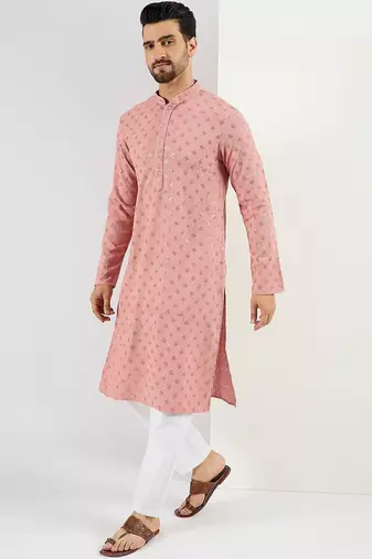 Men pink viscose rayon embroidered straight kurta with pant set