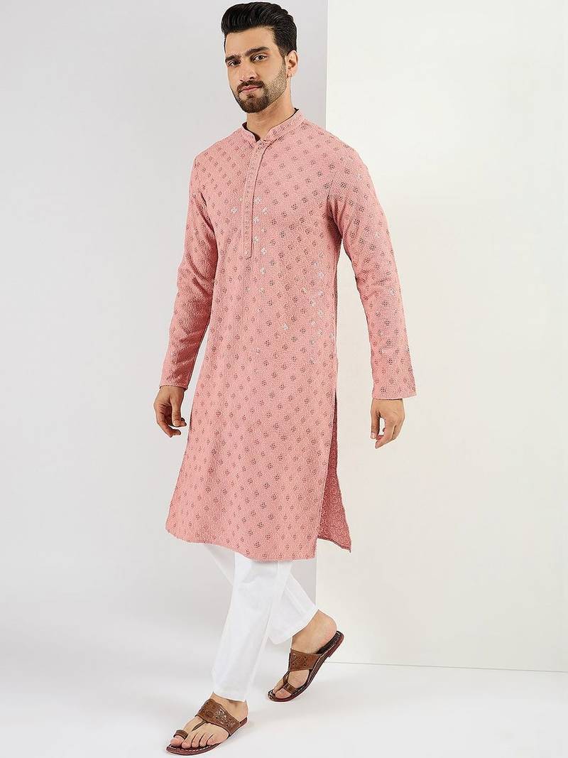 Men pink viscose rayon embroidered straight kurta with pant set