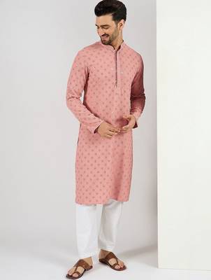 Men pink viscose rayon embroidered straight kurta with pant set 4