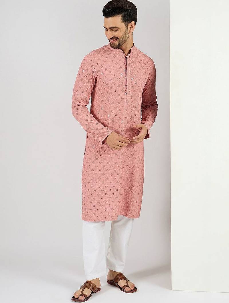 Men pink viscose rayon embroidered straight kurta with pant set