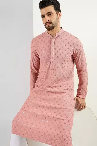 Men pink viscose rayon embroidered straight kurta with pant set