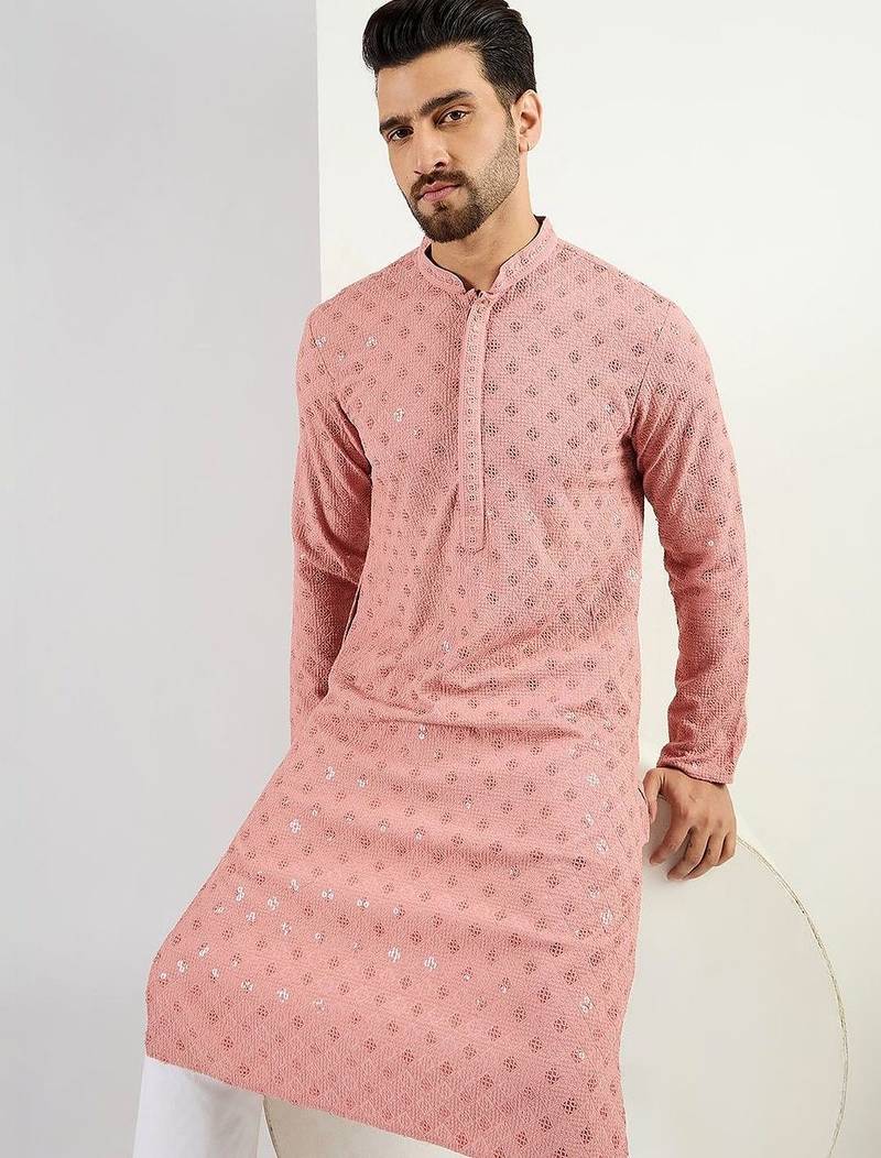 Men pink viscose rayon embroidered straight kurta with pant set