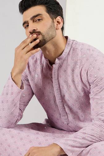 Men purple viscose rayon solid embroidered straight kurta with pant set