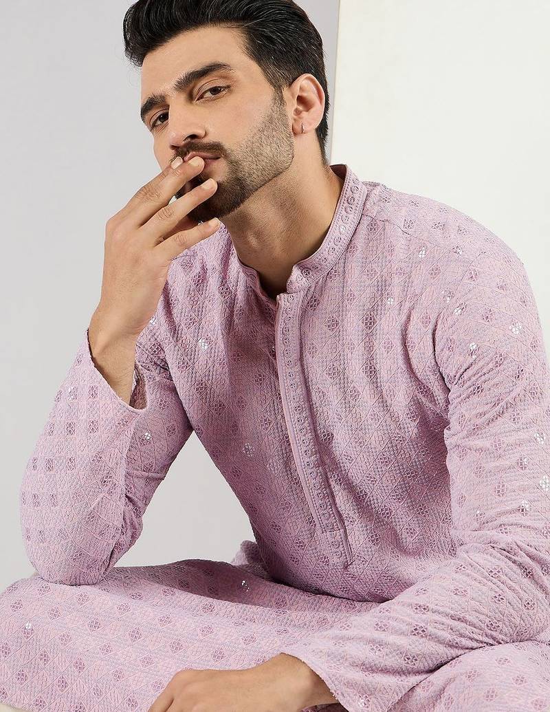 Men purple viscose rayon solid embroidered straight kurta with pant set