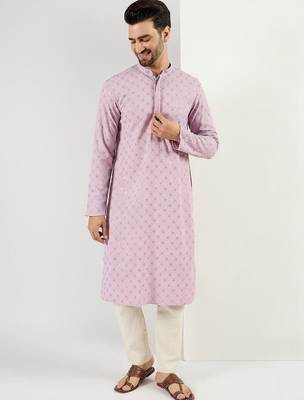 Men purple viscose rayon solid embroidered straight kurta with pant set 2