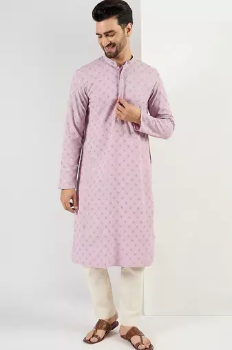Men purple viscose rayon solid embroidered straight kurta with pant set