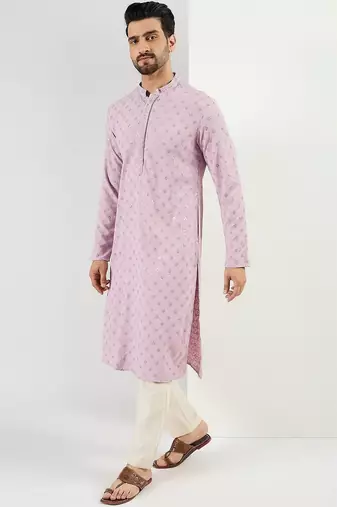 Men purple viscose rayon solid embroidered straight kurta with pant set