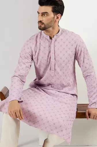 Men purple viscose rayon solid embroidered straight kurta with pant set