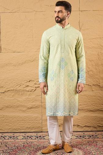 Men green viscose rayon bandhani embroidered straight kurta with trouser